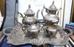 5 piece Silver Plate coffee/tea set with large handled tray