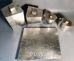 9 Piece Canister Set Silverplate withTray Abstract Modern Graffiti Neiman Marcus