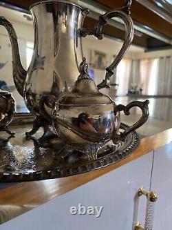 Baroque Wallace Silver Plate Tea Set (6 piece tea set with 2 silver plates)