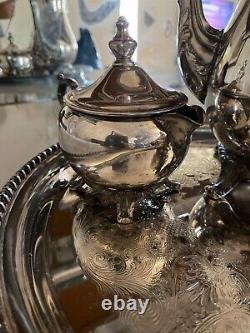 Baroque Wallace Silver Plate Tea Set (6 piece tea set with 2 silver plates)