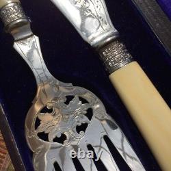 English Victorian Cutout Design Silver Plate Serving Fork&Knife inFitted Leather