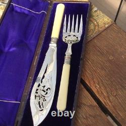 English Victorian Cutout Design Silver Plate Serving Fork&Knife inFitted Leather