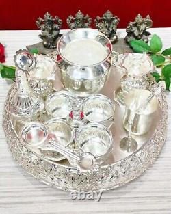 Germán silver combo puja thali plate set of 11 pieces for house warming puja