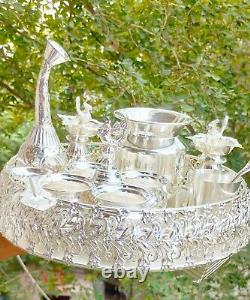 Germán silver combo puja thali plate set of 11 pieces for house warming puja