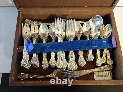 Never Used F. B. Rogers French Rose Silverplated Flatware & Wooden Box 64 Piece