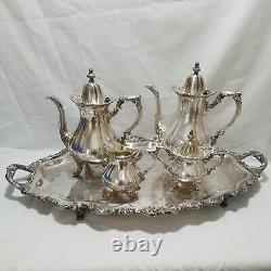 Wallace Silver Plate Coffee, Tea Set 5 Piece Large Tray 28½ Rosepoint Pattern